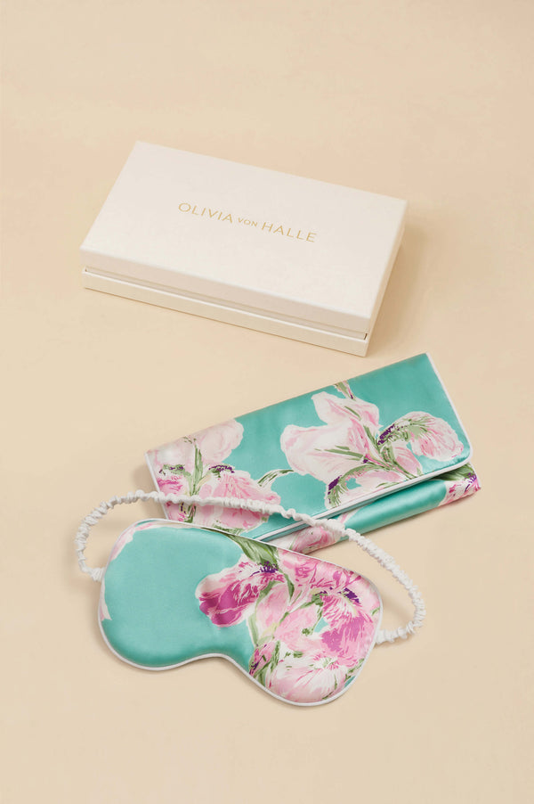 olivia von halle Audrey Abalone Turquoise Floral Eye Mask in Silk Satin Blue