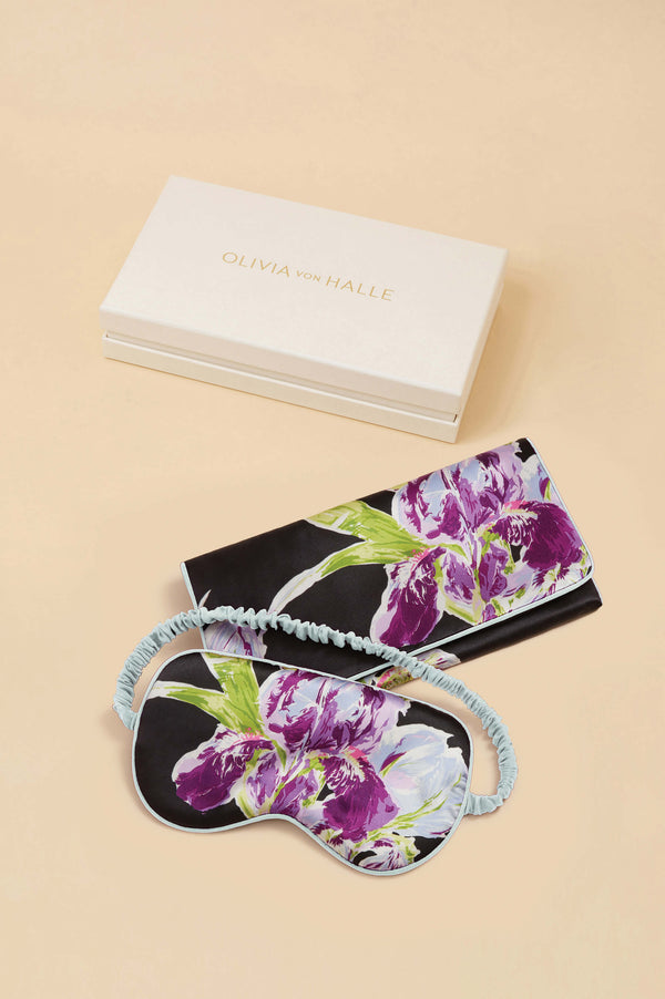 olivia von halle Audrey Athena Black Floral Eye Mask in Silk Satin Black