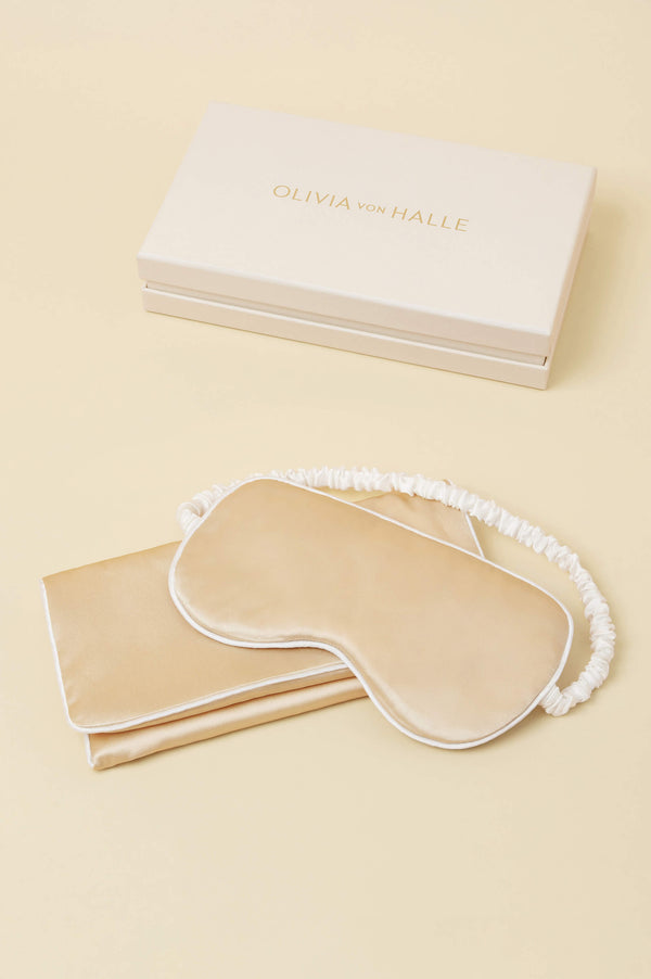 olivia von halle Audrey Caramel Eye Mask in Silk Satin Caramel