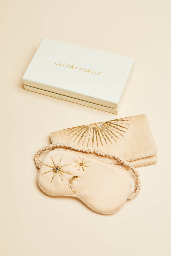 olivia von halle Audrey Celestine Caramel Embellished Eye Mask in Sandwashed Silk