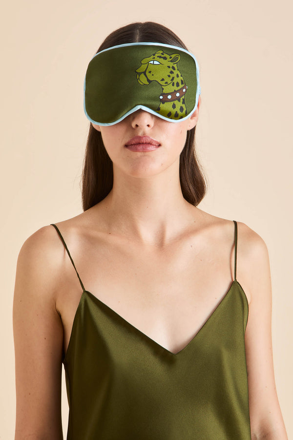 Olivia Von Halle Audrey Cosmos Green Leopard Eye Mask In Silk Satin Green