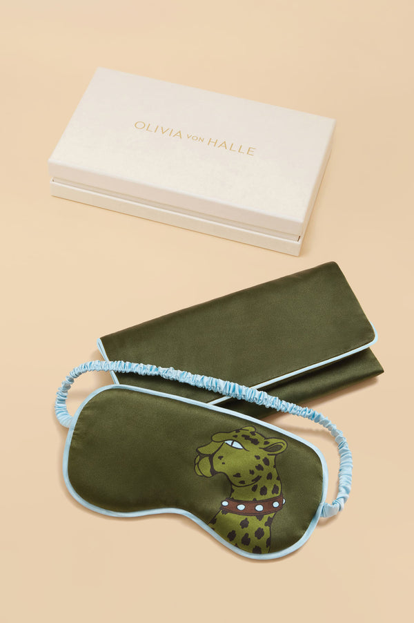 olivia von halle Audrey Cosmos Green Leopard Eye Mask in Silk Satin Green