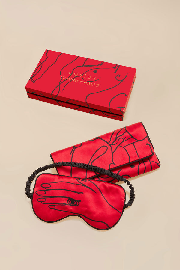 Olivia Von Halle Audrey Costes Red Figures Eye Mask In Silk Satin Red