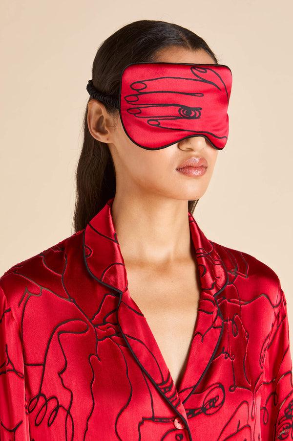 Olivia Von Halle Audrey Costes Red Figures Eye Mask In Silk Satin Red