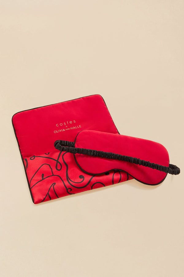 Olivia Von Halle Audrey Costes Red Figures Eye Mask In Silk Satin Red