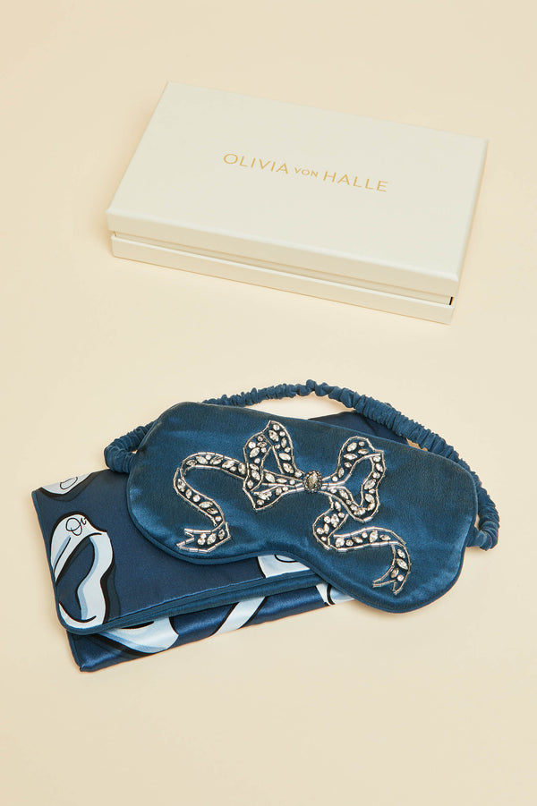 Olivia Von Halle Audrey Grace Blue Embellished Eye Mask In Silk Satin