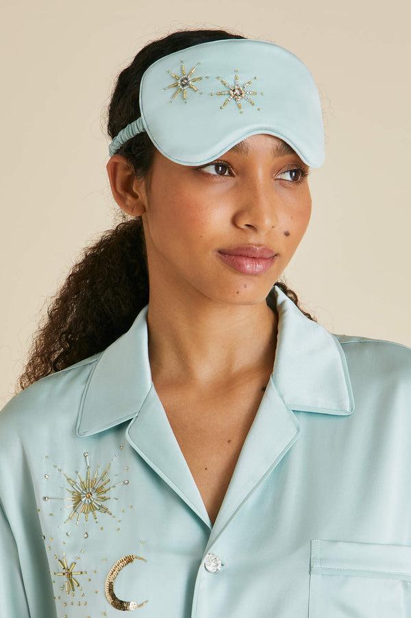 Olivia Von Halle Audrey Incantation Blue Embellished Eye Mask In Sandwashed Silk