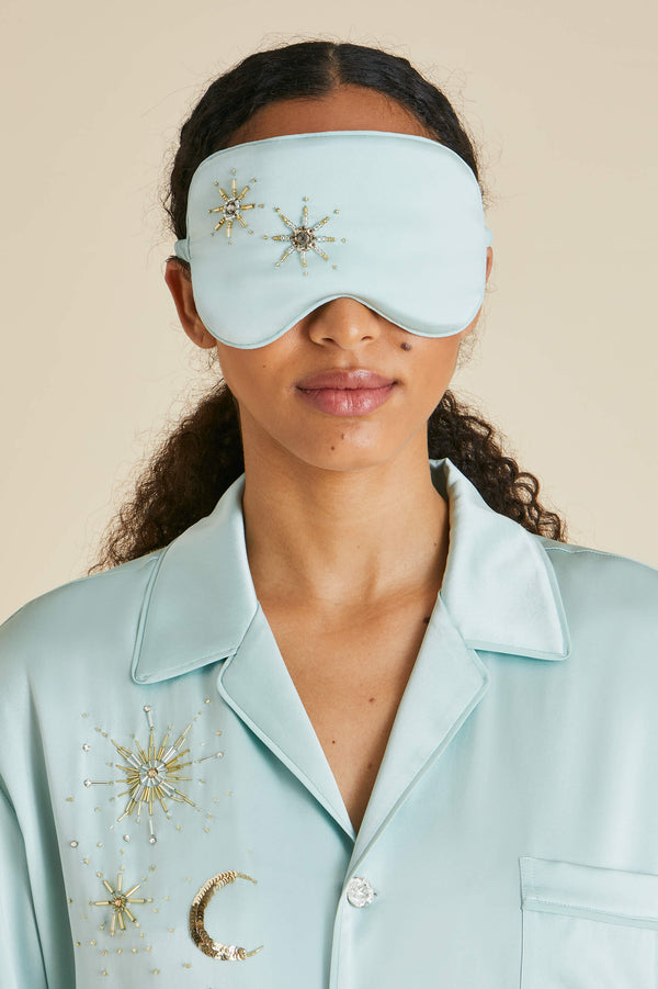 Olivia Von Halle Audrey Incantation Blue Embellished Eye Mask In Sandwashed Silk