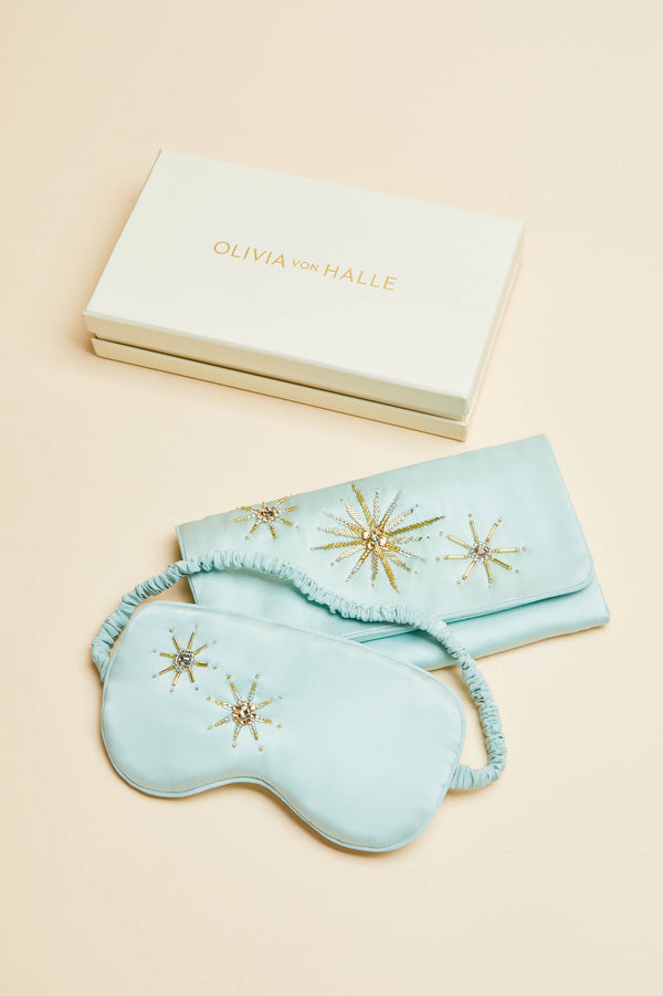 olivia von halle Audrey Incantation Blue Embellished Eye Mask in Sandwashed Silk