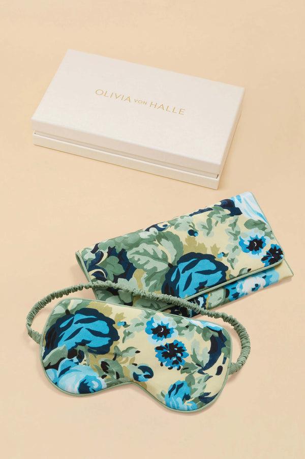 olivia von halle Audrey Jardin Blue Floral Eye Mask in Silk Crêpe de Chine Blue
