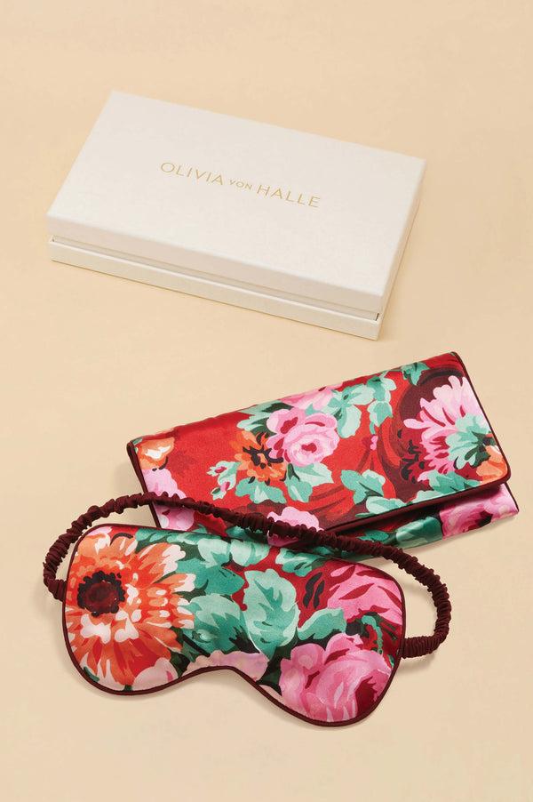 olivia von halle Audrey Moulin Red Floral Eye Mask in Silk Satin Red