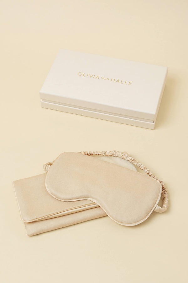 olivia von halle Audrey Muscat Beige Eye Mask in Cashmere Beige