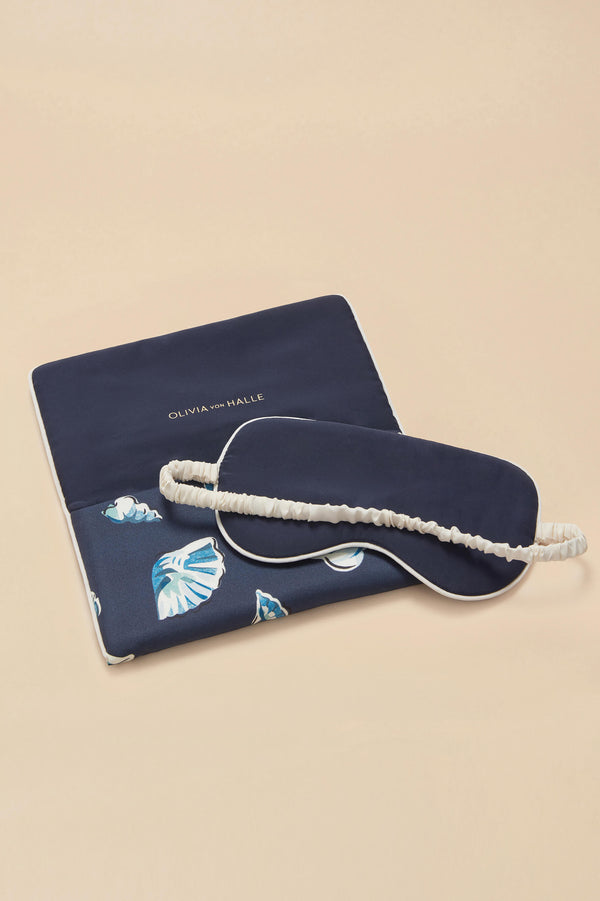 Olivia Von Halle Audrey Nautilus Navy Seashell Eye Mask In Silk Twill Navy