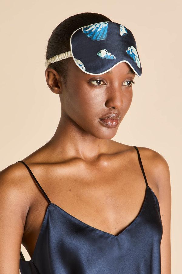 Olivia Von Halle Audrey Nautilus Navy Seashell Eye Mask In Silk Twill Navy
