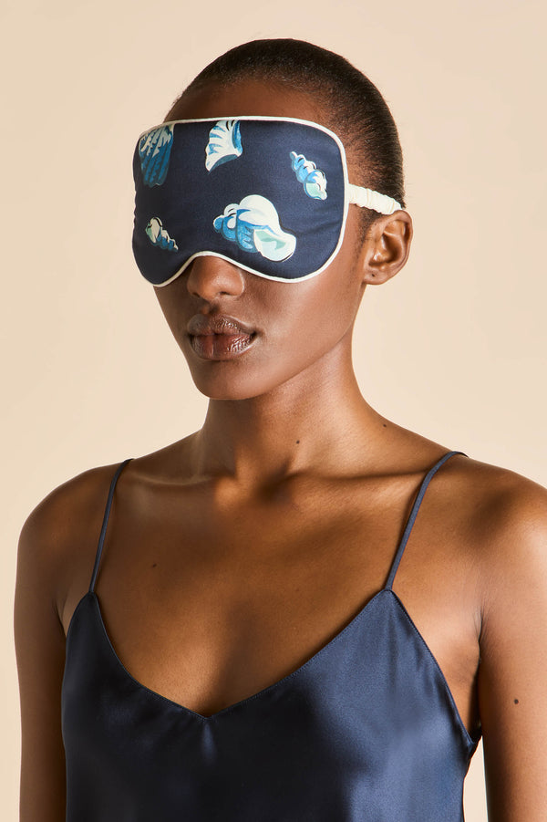 Olivia Von Halle Audrey Nautilus Navy Seashell Eye Mask In Silk Twill Navy