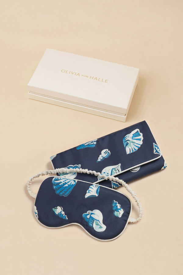 olivia von halle Audrey Nautilus Navy Seashell Eye Mask in Silk Twill Navy