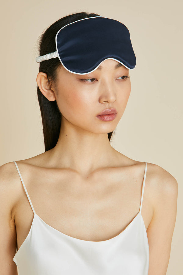 Olivia Von Halle Audrey Navy Ivory Eye Mask In Silk Satin Navy