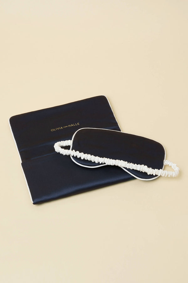 Olivia Von Halle Audrey Navy Ivory Eye Mask In Silk Satin Navy