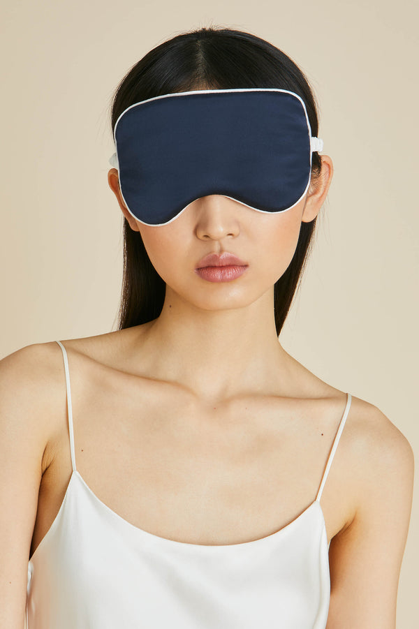 Olivia Von Halle Audrey Navy Ivory Eye Mask In Silk Satin Navy