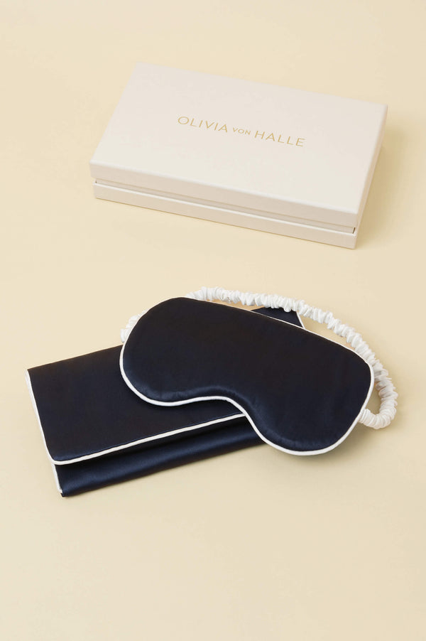 olivia von halle Audrey Navy Ivory Eye Mask in Silk Satin Navy
