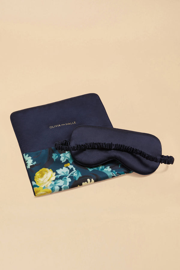 Olivia Von Halle Audrey Nocturne Blue Floral Eye Mask In Silk Twill Blue