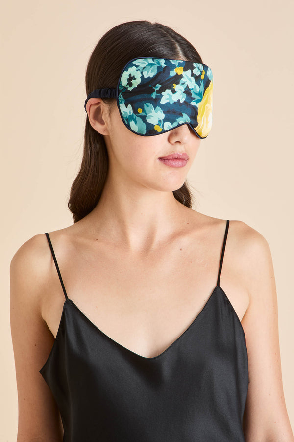 Olivia Von Halle Audrey Nocturne Blue Floral Eye Mask In Silk Twill Blue