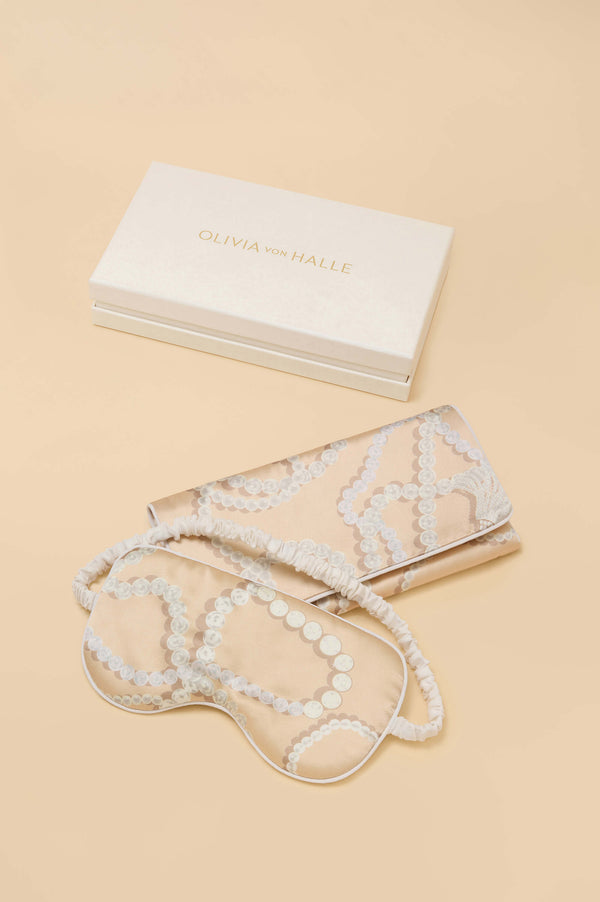 olivia von halle Audrey Pearl Pink Jewel Eye Mask in Silk Satin Pink