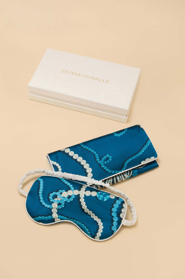 olivia von halle Audrey Periwinkle Blue Jewel Eye Mask in Silk Satin Blue