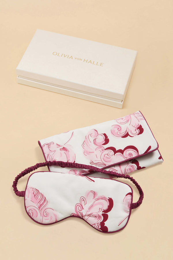 olivia von halle Audrey Plume Pink Feather Eye Mask in Cotton-Silk Pink