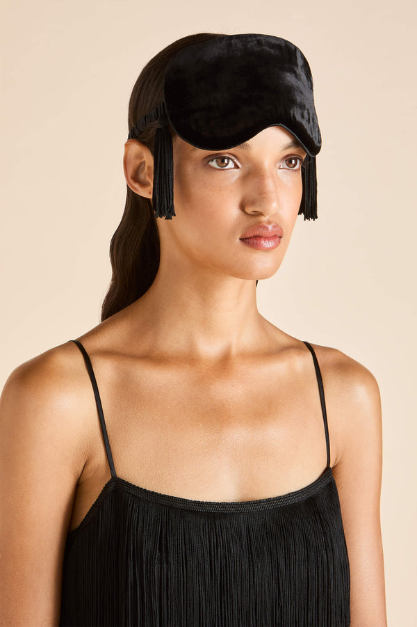 Olivia Von Halle Audrey Valentina Black Fringe Eye Mask In Silk Velvet Black