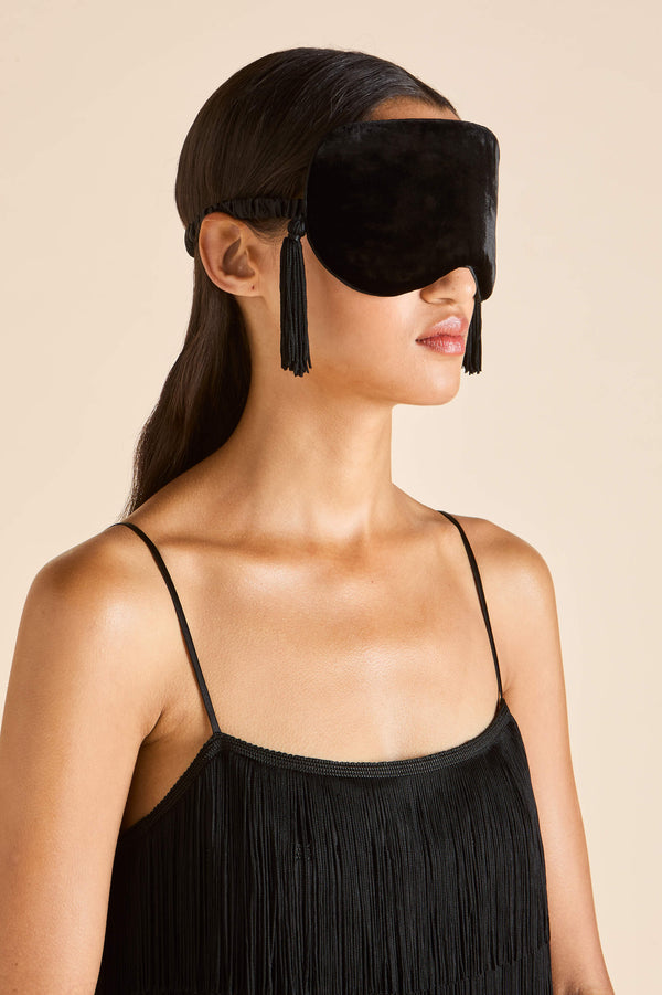 Olivia Von Halle Audrey Valentina Black Fringe Eye Mask In Silk Velvet Black
