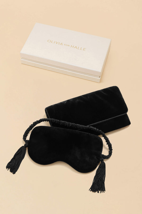 olivia von halle Audrey Valentina Black Fringe Eye Mask in Silk Velvet Black