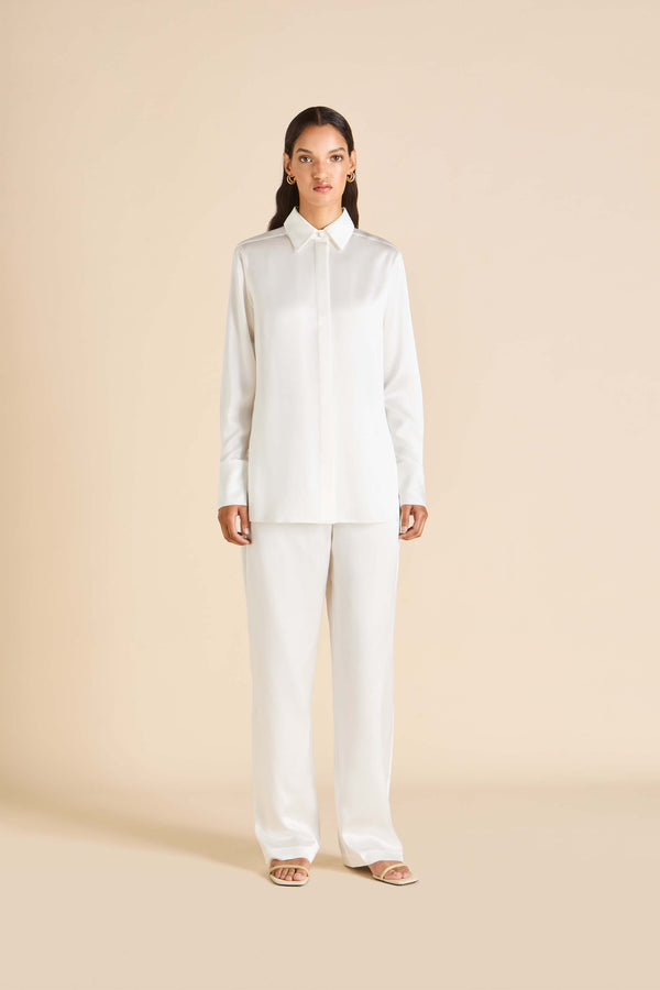 olivia von halle Bacall Ivory Pajamas in Silk Satin Ivory