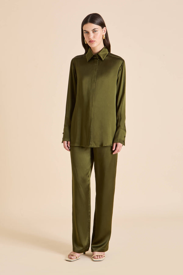 Olivia Von Halle Bacall Ivy Green Pajamas In Silk Satin Green