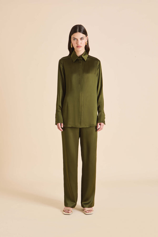 olivia von halle Bacall Ivy Green Pajamas in Silk Satin Green