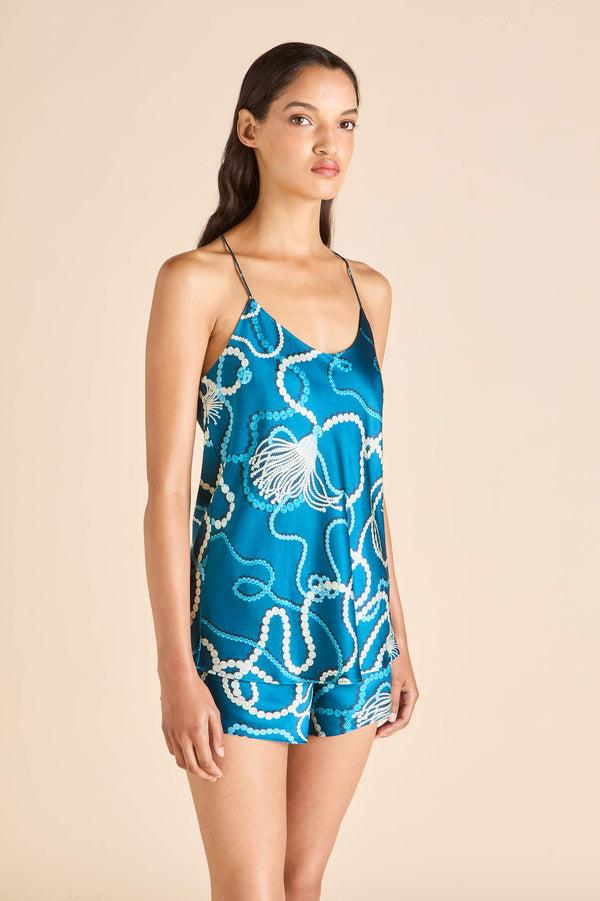 Olivia Von Halle Bella Periwinkle Blue Jewel Camisole Set In Silk Satin Blue