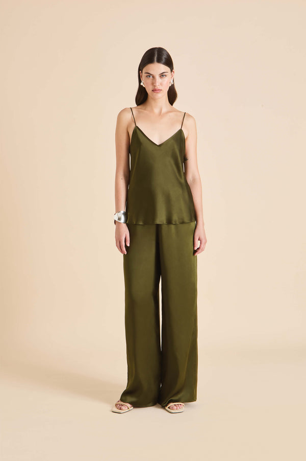 olivia von halle Bliss Ivy Green Camisole Set in Silk Satin Green