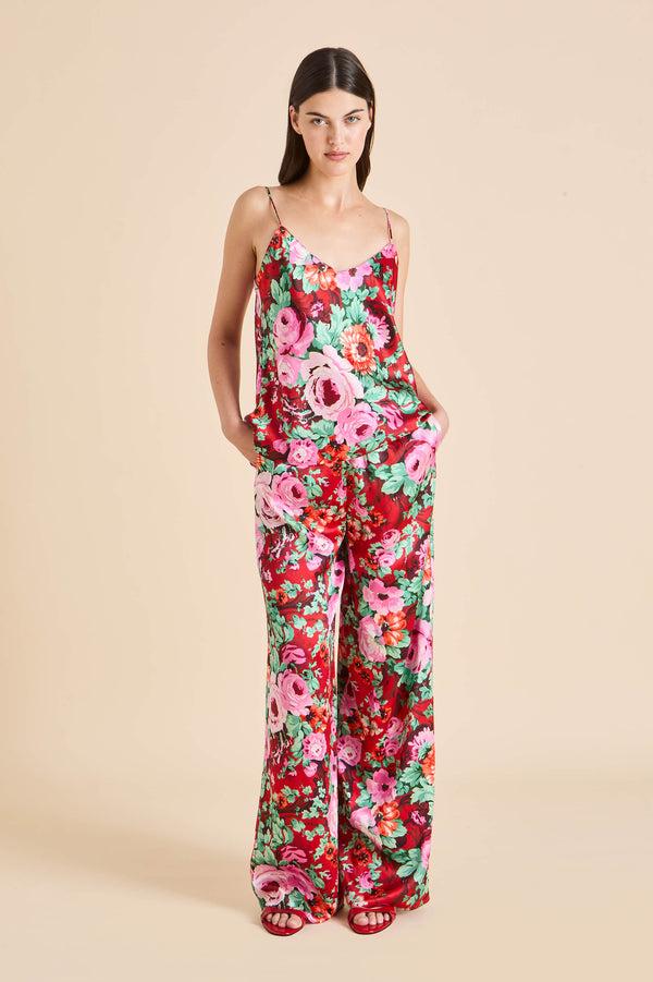 Olivia Von Halle Bliss Moulin Red Floral Camisole Set In Silk Satin Red