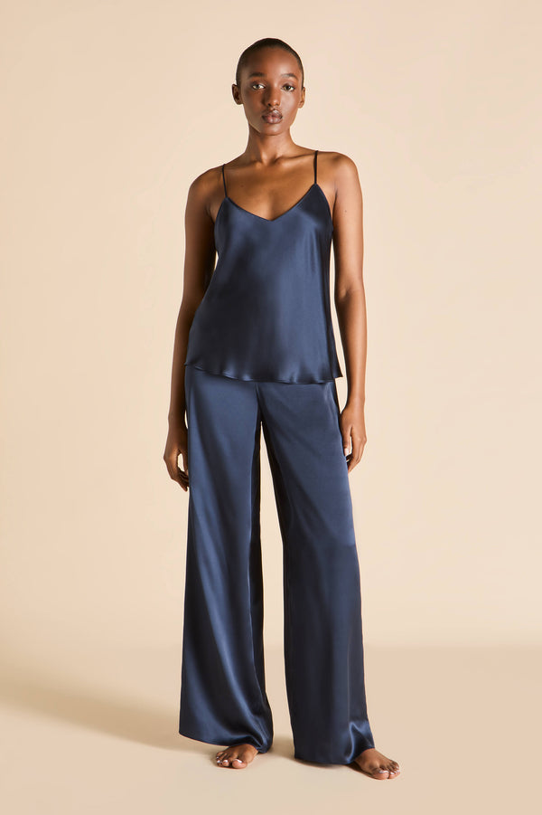 Olivia Von Halle Bliss Navy Camisole Set In Silk Satin Navy