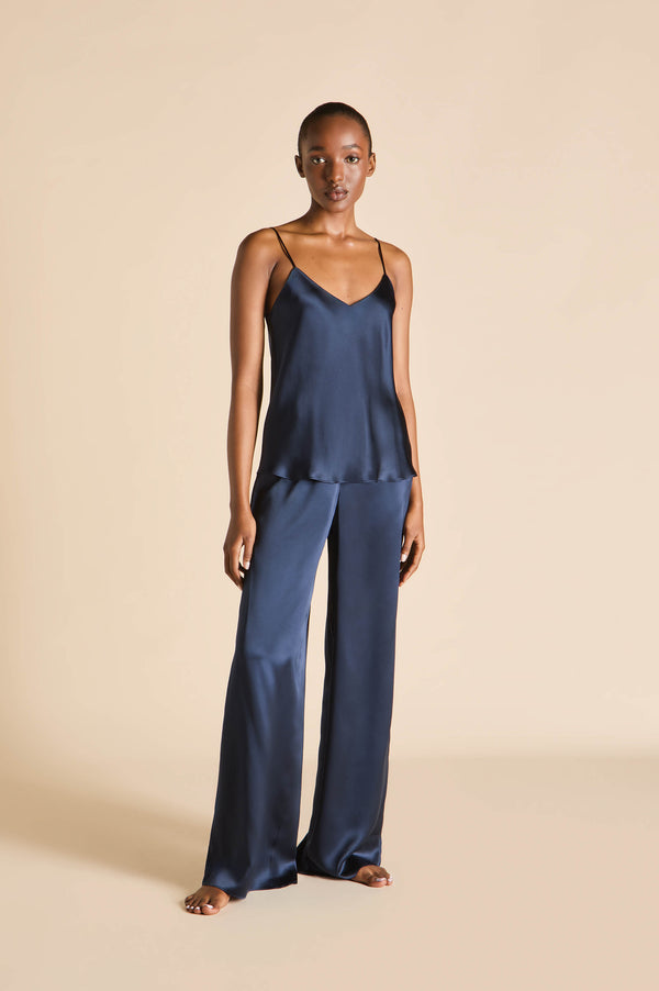 olivia von halle Bliss Navy Camisole Set in Silk Satin Navy