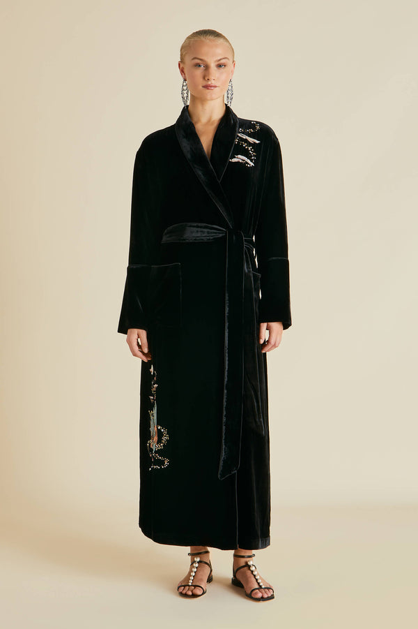Olivia Von Halle Capability Arcadia Black Embellished Robe In Silk Velvet