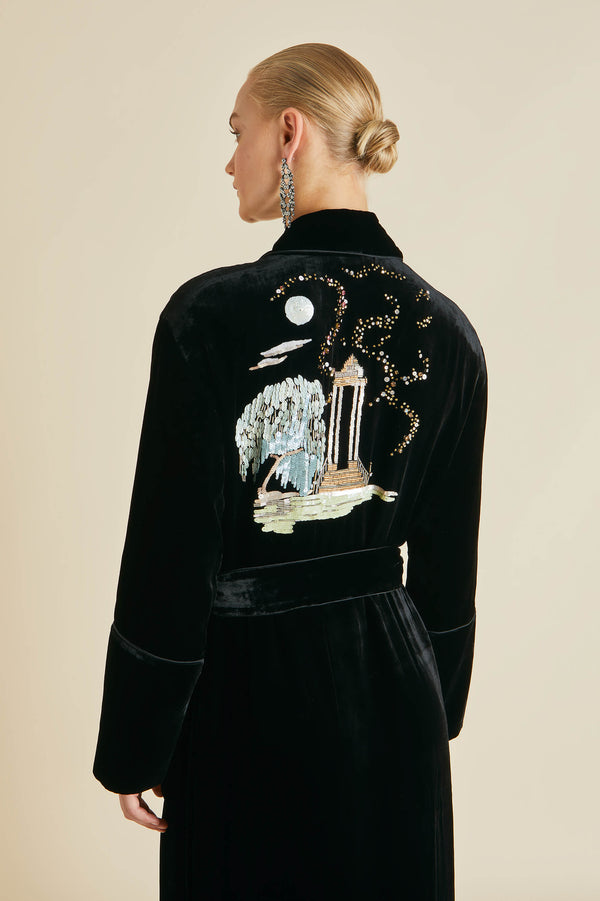olivia von halle Capability Arcadia Black Embellished Robe in Silk Velvet