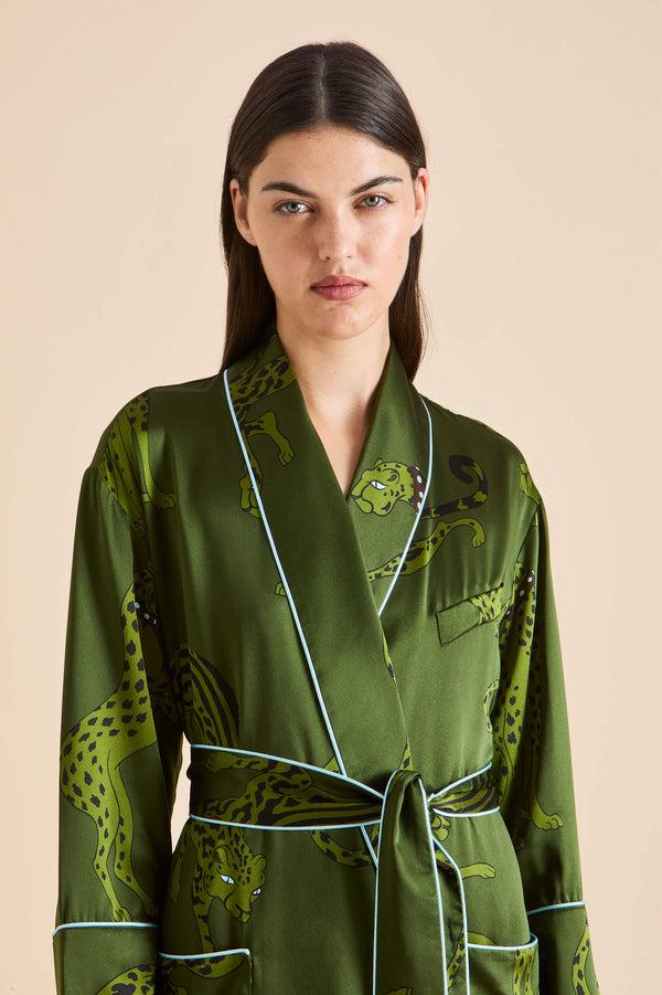 Olivia Von Halle Capability Cosmos Green Leopard Robe In Silk Satin Green