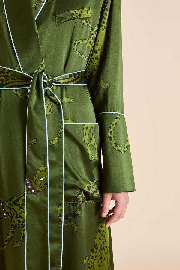 Olivia Von Halle Capability Cosmos Green Leopard Robe In Silk Satin Green