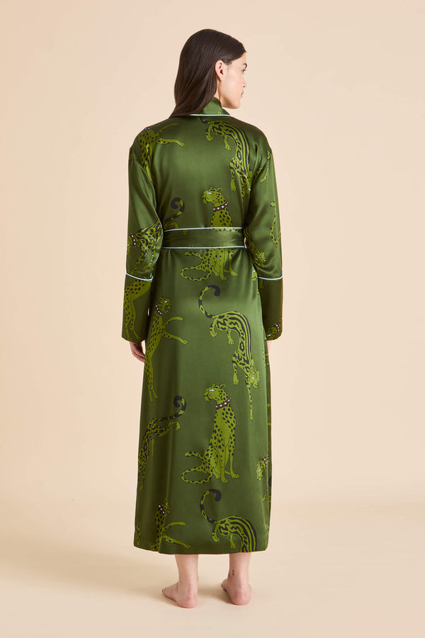 Olivia Von Halle Capability Cosmos Green Leopard Robe In Silk Satin Green