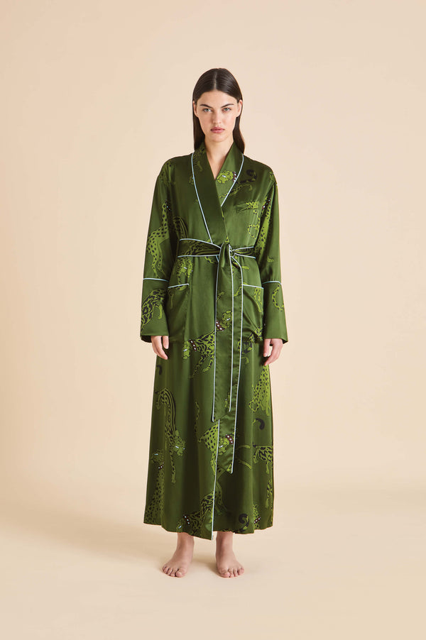 olivia von halle Capability Cosmos Green Leopard Robe in Silk Satin Green