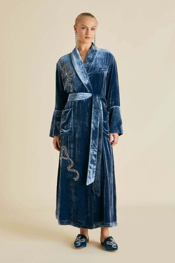 Olivia Von Halle Capability Grace Blue Embellished Robe In Silk Velvet