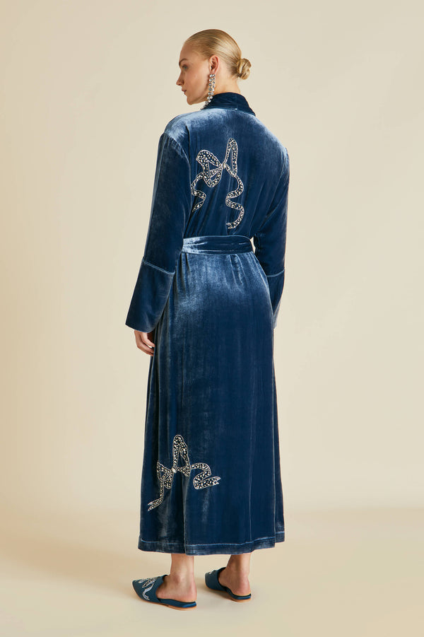 Olivia Von Halle Capability Grace Blue Embellished Robe In Silk Velvet