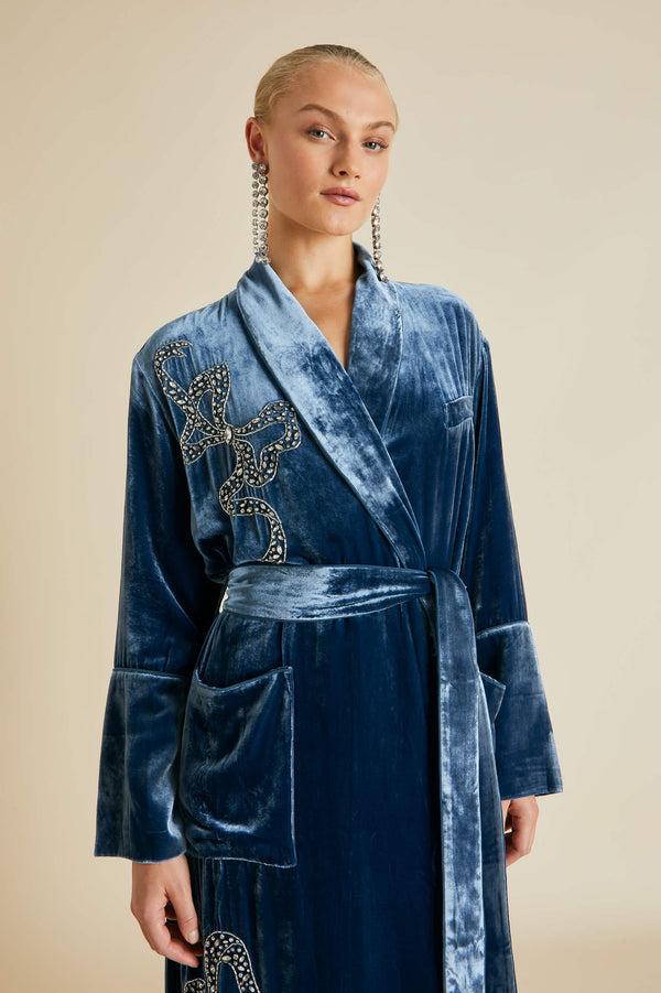 olivia von halle Capability Grace Blue Embellished Robe in Silk Velvet