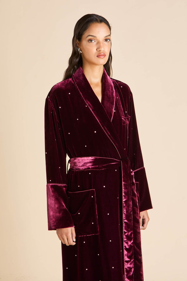 Olivia Von Halle Capability Ritzy Red Crystal Robe In Silk Velvet Red